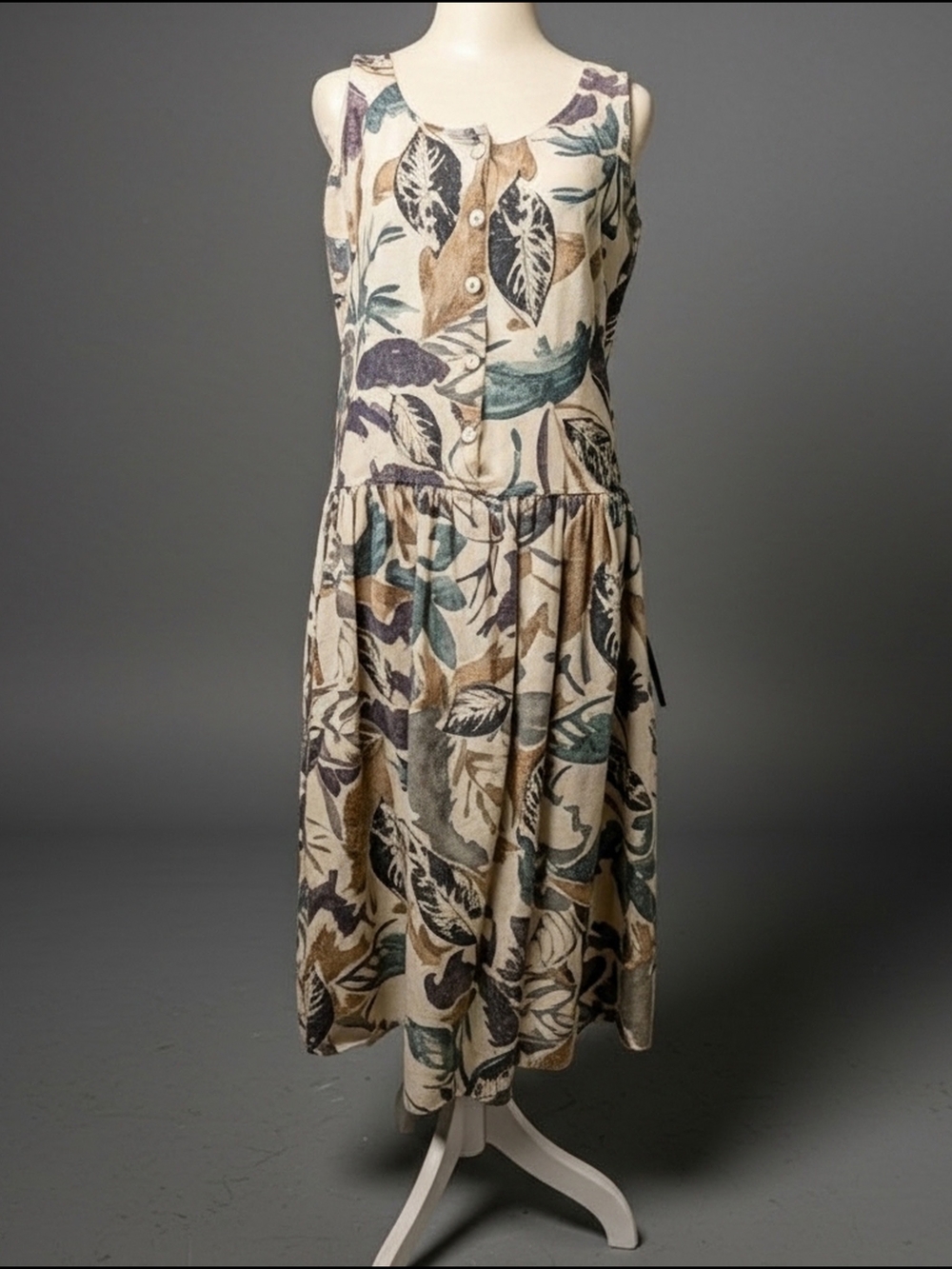 90s Sleeveless Leaf-Print Midi Dress